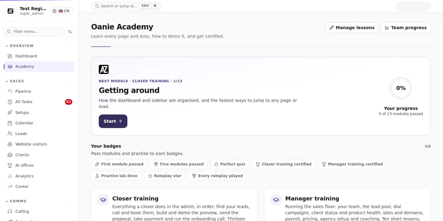 Partner admin: the Academy, with closer and manager training tracks and badges