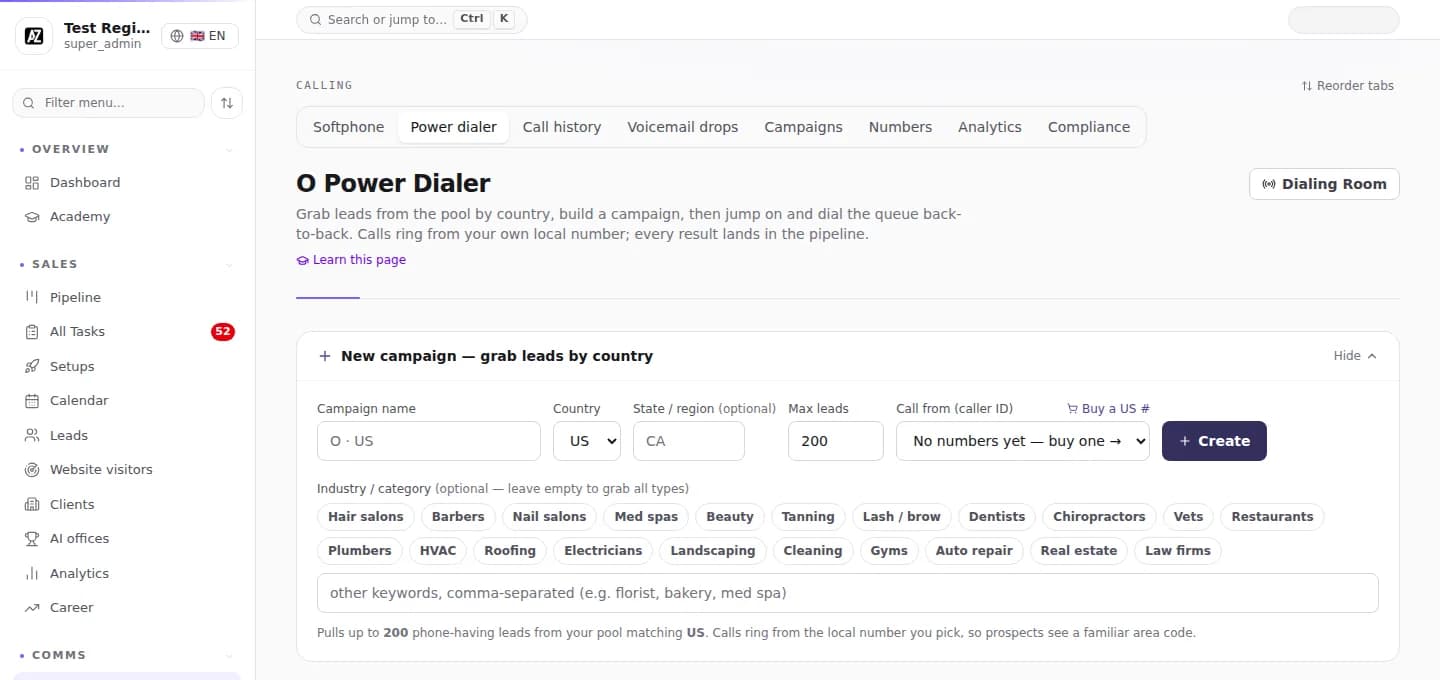 Partner admin: the power dialer, building a calling campaign by country and trade (hair salons, dentists, plumbers and more)