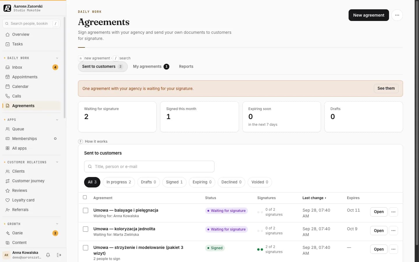 Agreements in the client portal: proposals and contracts sent for e-signature, with who has signed and what is waiting
