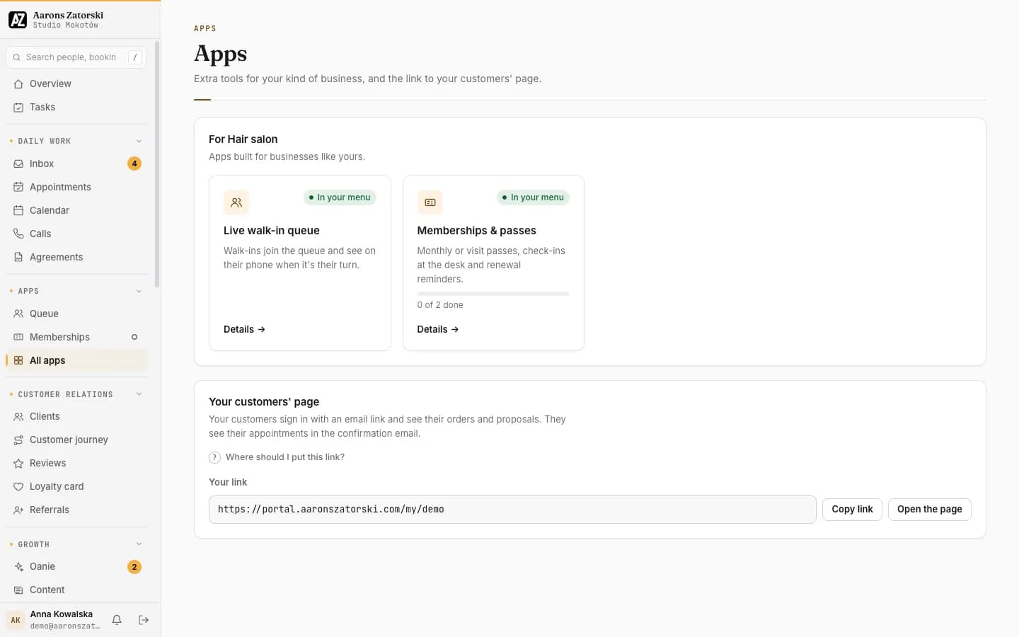 The Apps page in a hair salon's portal: Live walk-in queue and Memberships & passes under “For Hair salon”, and the link to the customers' page.