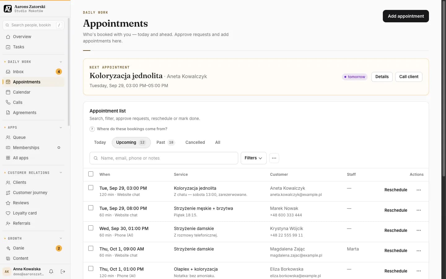 Client portal: Appointments