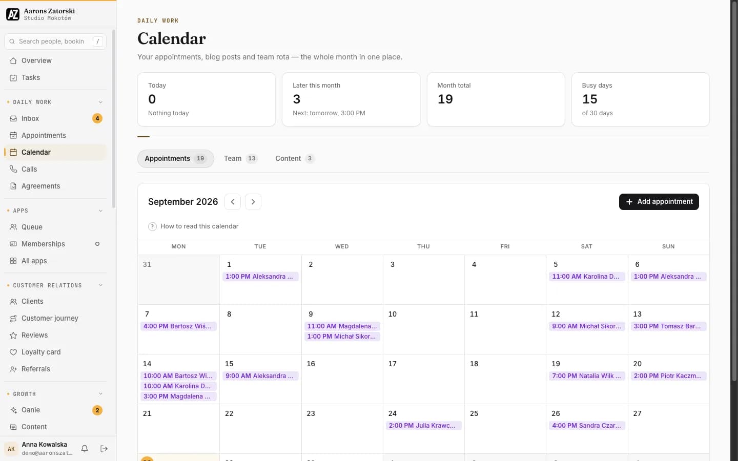 Calendar: Appointments, blog posts and the team rota: the whole month in one view.