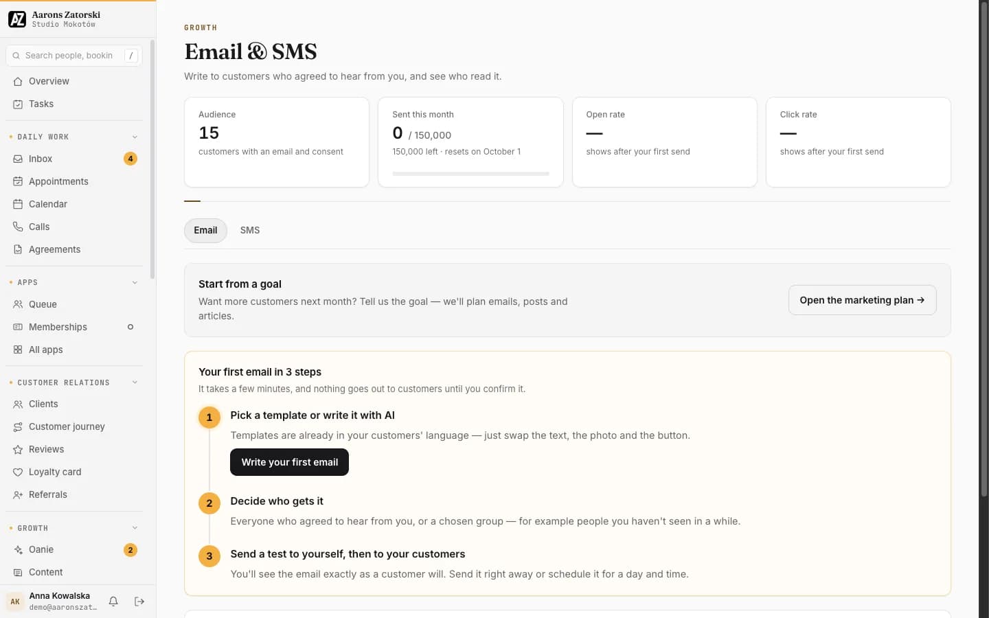 Email & SMS: Write to customers who agreed to hear from you, and see who read it.