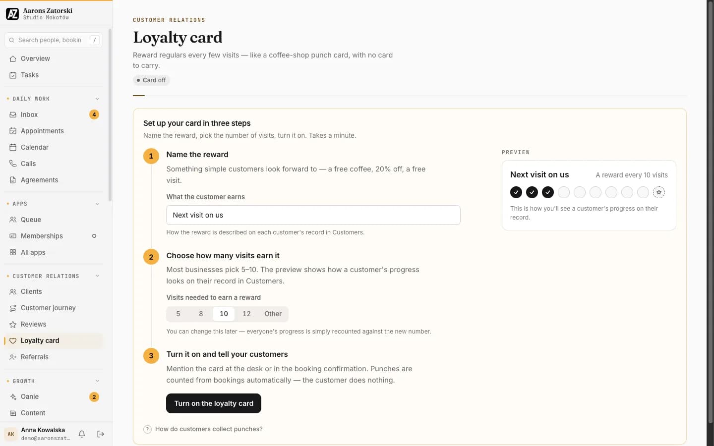 Loyalty card: Reward regulars every few visits, like a punch card with no card to carry.