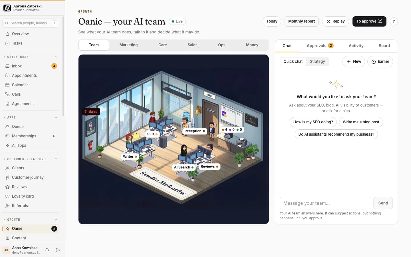 The Oanie AI team page in a client's portal: the office illustration, department tabs and a chat panel.