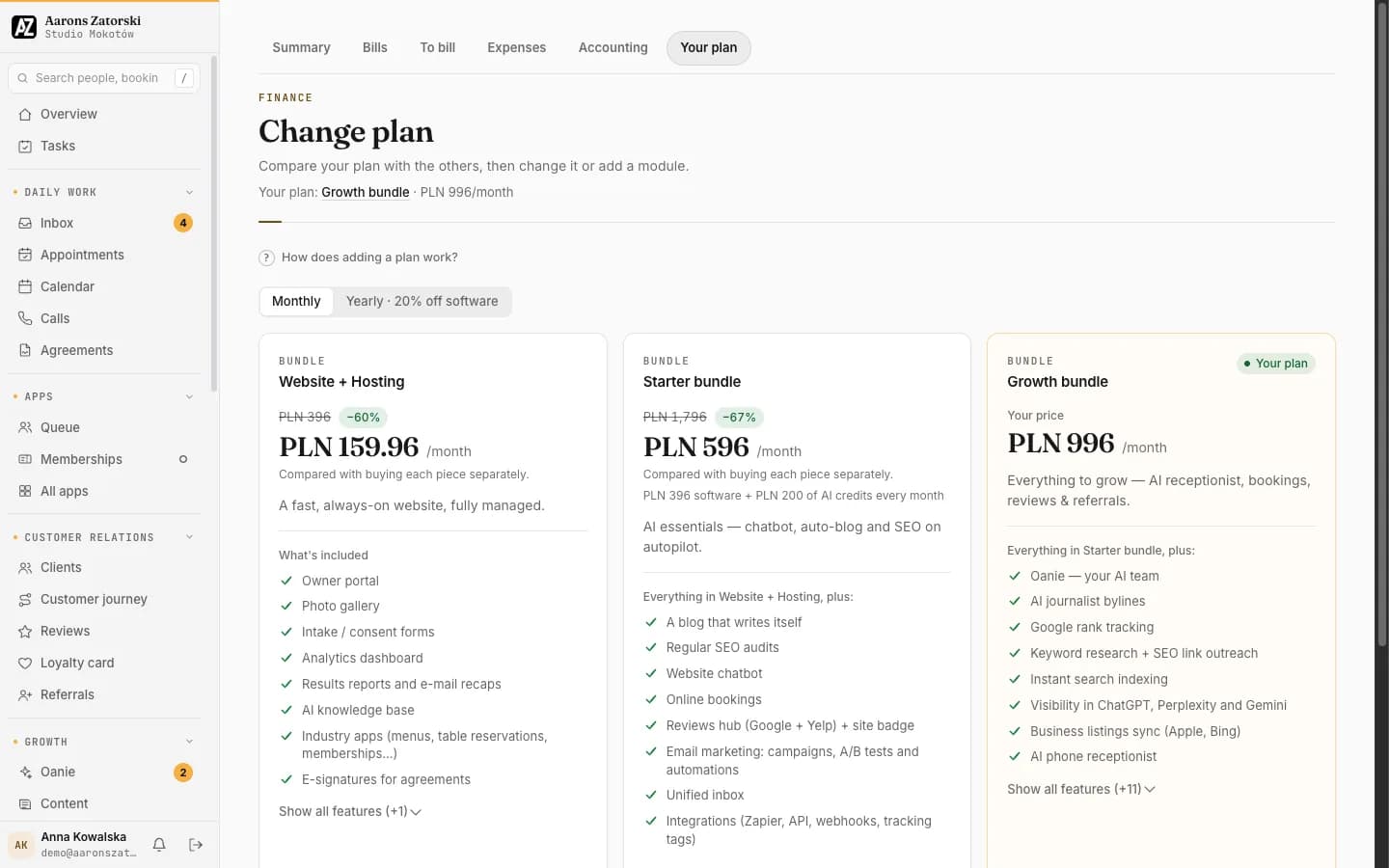 The client's plan page in the portal: the three packages with prices, what each includes and the current plan