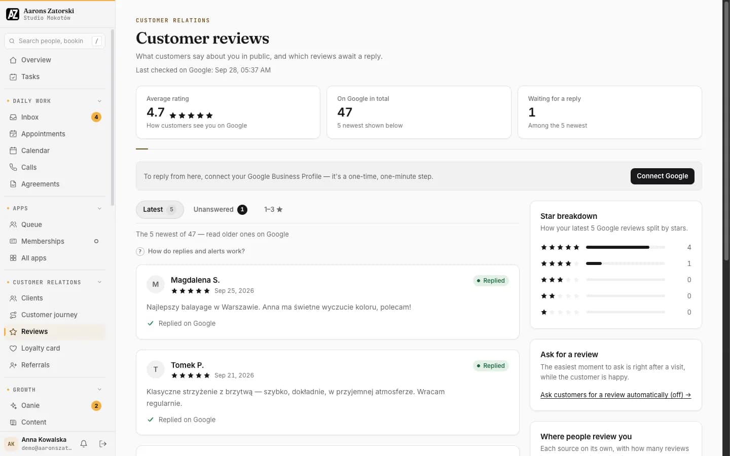 Client portal: Reviews
