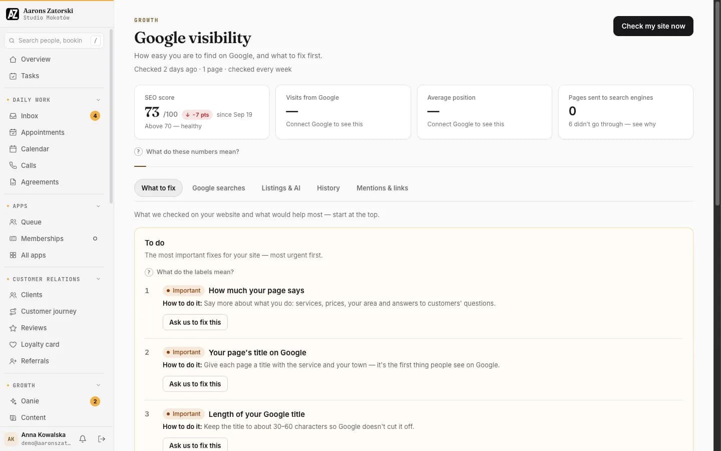 Client portal: Google visibility