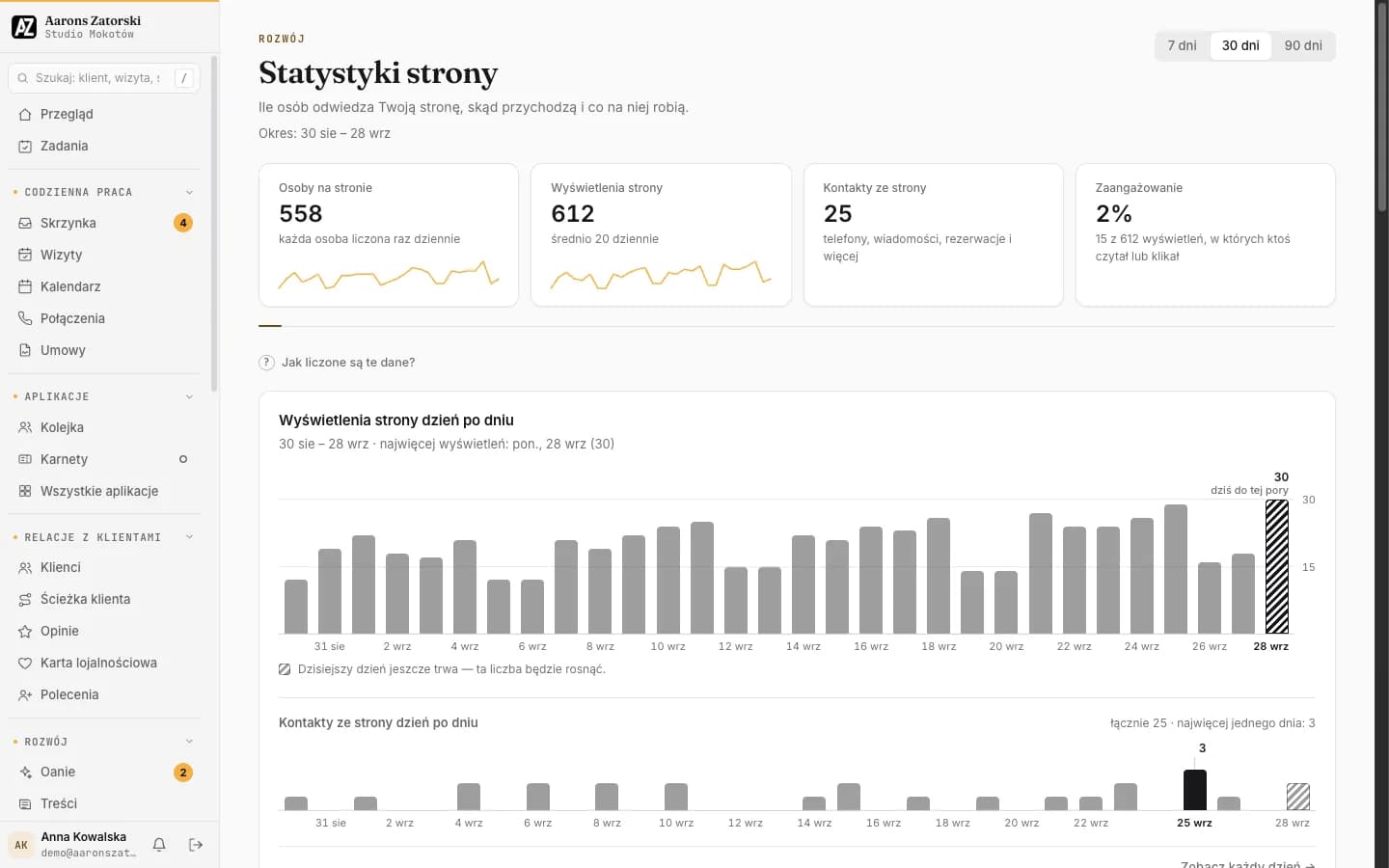 Statystyki strony: Ile osób odwiedza stronę, skąd przychodzą i co na niej robią.