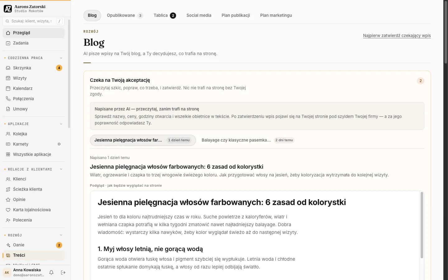 Blog: AI pisze wpisy na blog, a firma decyduje, co trafi na stronę.