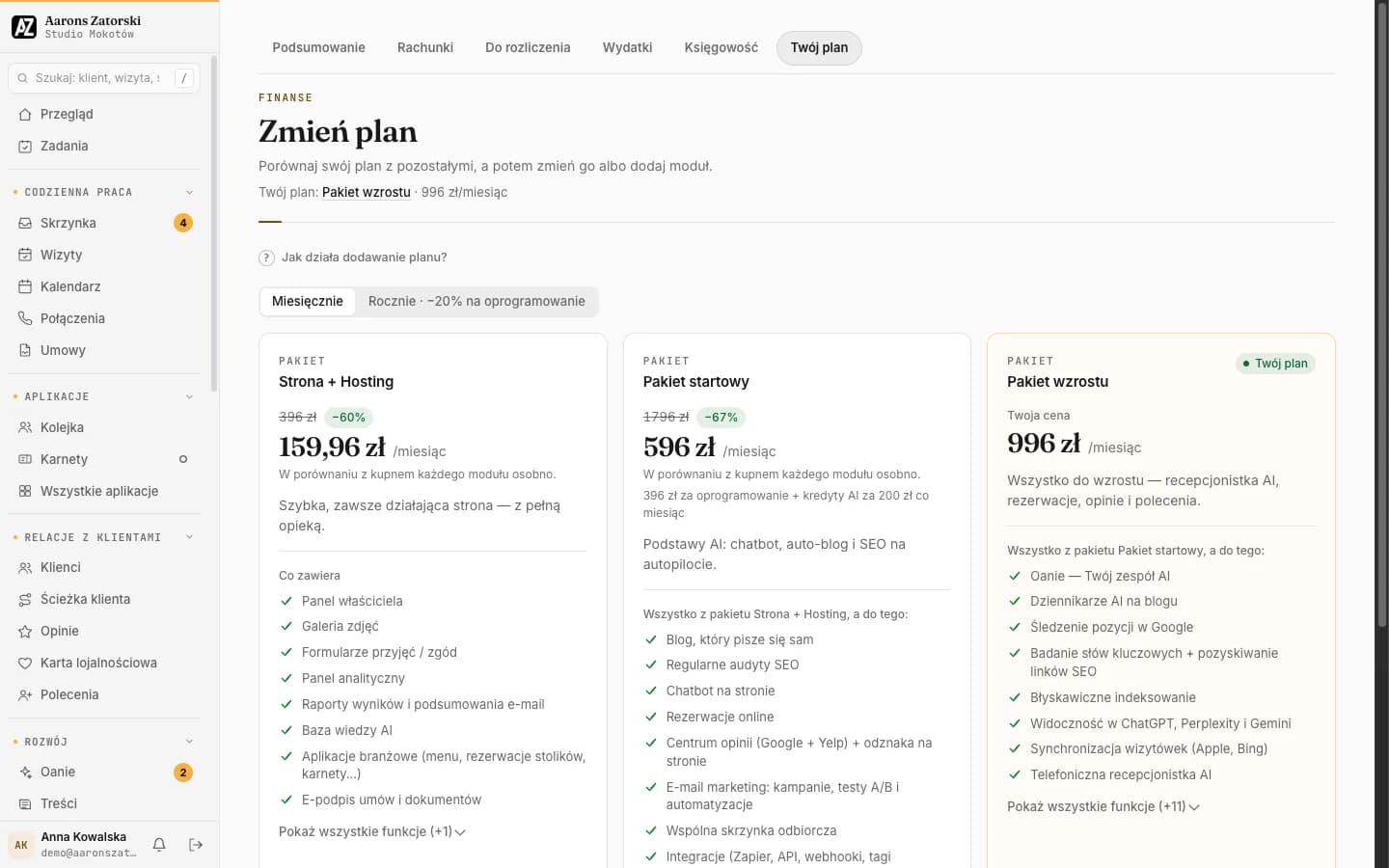 Strona planu klienta w portalu: trzy pakiety z cenami, zawartością i aktualnym planem